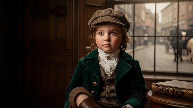 Young boy in classic 19th century style clothing wearing a green velvet coat and newsboy cap