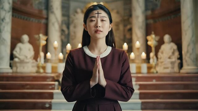 Young asian woman with an ash cross on her forehead praying in a cathedral. Devout christian female observing ash wednesday and the beginning of lent. Spiritual worship and contemplation