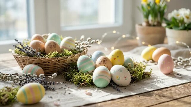 Colorful hand painted Easter eggs and spring decorations with willow branches on a sunlit rustic wooden table