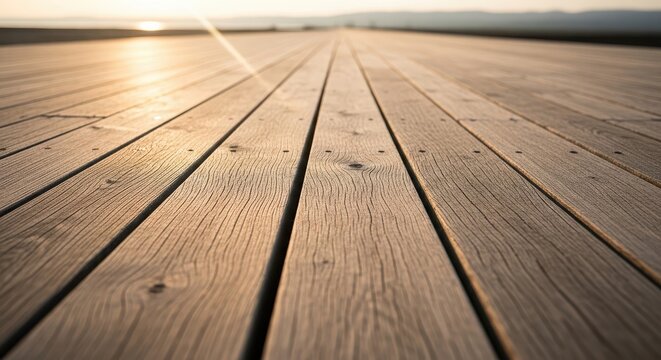 Sunrise wooden deck planks texture background with warm golden light and long shadows for design