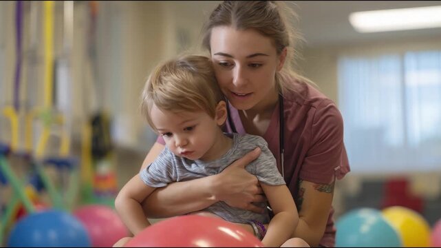 A dedicated pediatric physical therapist working gently with a young child during rehabilitation session in a bright therapy room, colorful equipment, supportive atmosphere