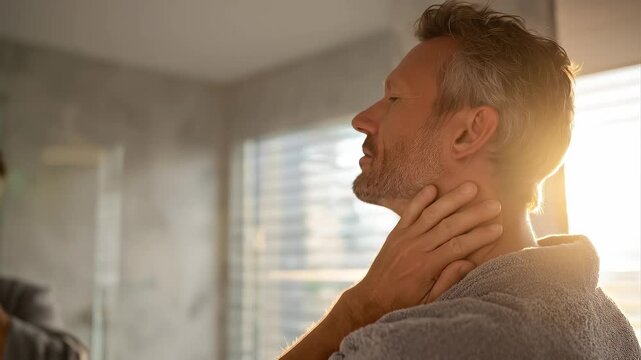 A person in their 40s examining their neck in front of a bathroom mirror with good lighting, early detection health awareness concept, clean modern bathroom interior