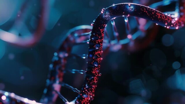DNA Helix Illuminated by Red Particles in Microscopic View.