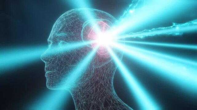 Scientific medical video showing radiation therapy targeting a head and neck tumor, precise beam angles converging on a tumor site within a transparent human head profile, glowing teal energy beams