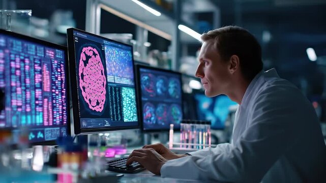 A dedicated medical researcher in a modern genetics laboratory examining DNA sequencing results on multiple screens