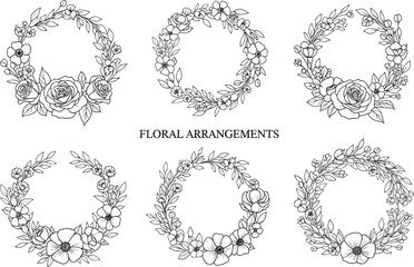 Obraz premium Set of elegant hand drawn floral wreaths and circular arrangements featuring rose line art botanical leaves and spring blossoms for wedding invitations.