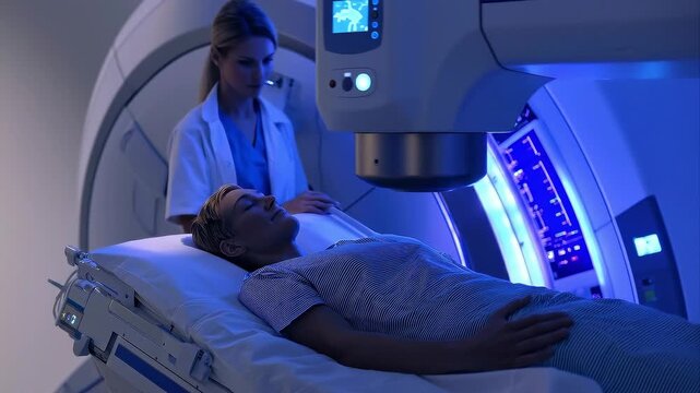 A calm patient lying on a radiation therapy machine table in a modern oncology center, medical staff carefully positioning equipment, advanced linear accelerator in background
