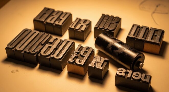 Antique letterpress printing types arranged on a warm toned surface, showcasing historical typographic artistry