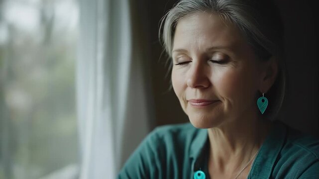 Portrait of a middle-aged woman survivor smiling with quiet strength, sitting near a bright window with natural light, wearing a teal awareness ribbon pin on her shirt