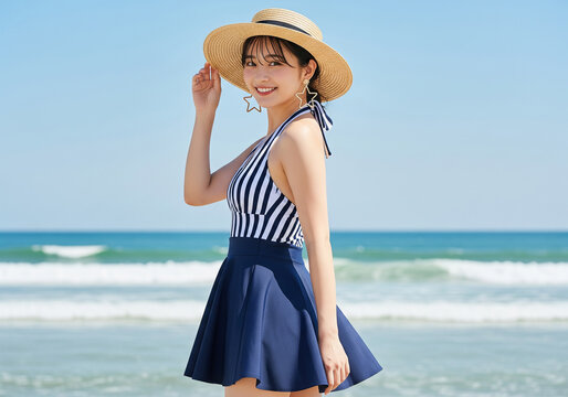 青空の下ストライプ水着と麦わら帽子で微笑む女性