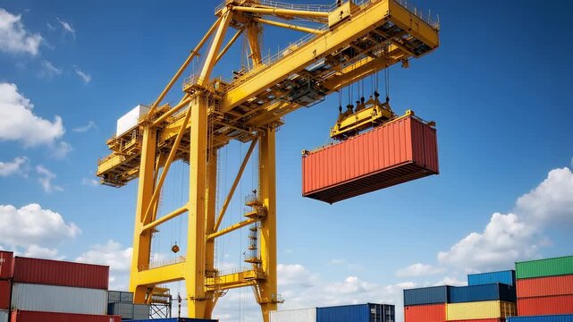 Container crane lifting a cargo container at a busy shipping port, surrounded by stacked freight containers under a clear blue sky. Global logistics, international trade and supply chain concept.