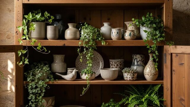 Wooden cabinet displaying decorative objects and greenery
