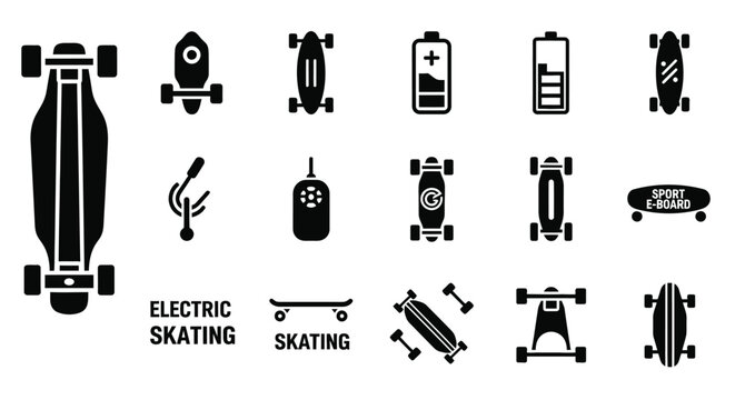Extensive set of skateboard and longboard icons, including electric models and accessories like remote controls and batteries. Showcasing various styles for sport and personal transportation.