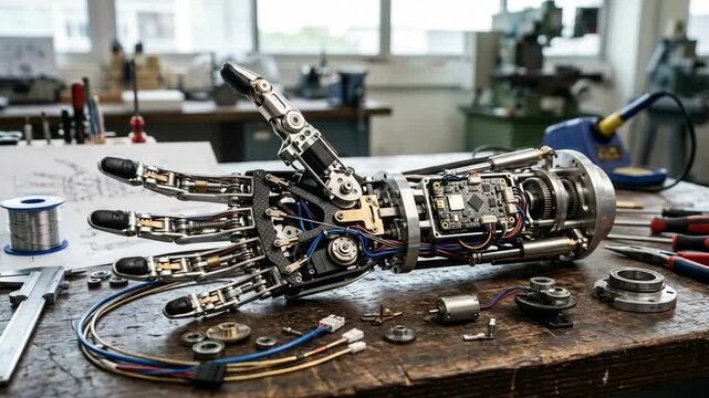 Complex bionic hand assembly with intricate metal components and wiring lying on a workshop table with tools