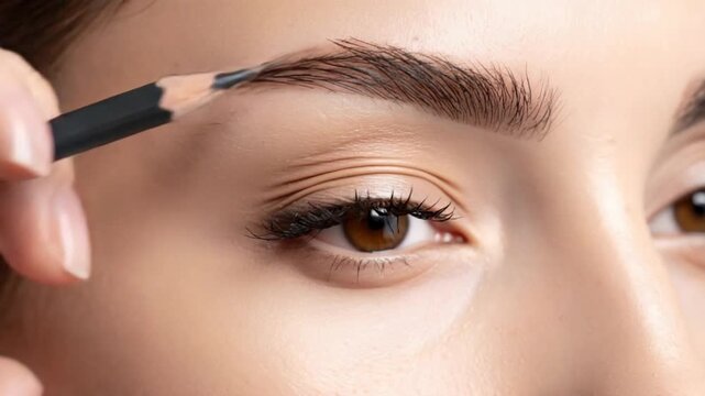 Close-up of a woman's hand applying eyebrow pencil for perfect brows