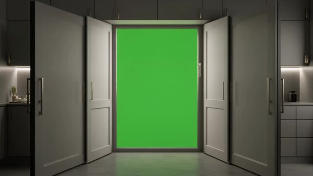 Modern kitchen cabinet doors open to chroma key green.