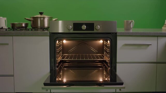 Modern kitchen oven door opening with warm interior lights.