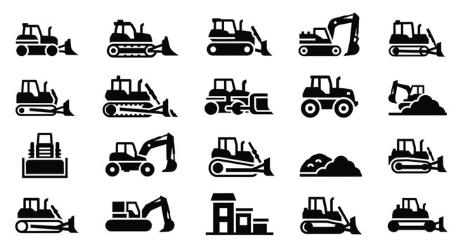 Set of bulldozer and dozer construction machines and heavy equipment icons isolated on white background, vector illustrations of earthmoving vehicles for industry and building
