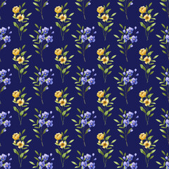 Obraz premium Seamless dark blue pattern with flowers and leaves, repeating paper, background. Floral backdrop for textile, fabric, wallpaper. Hand drawn flowers and leaf.