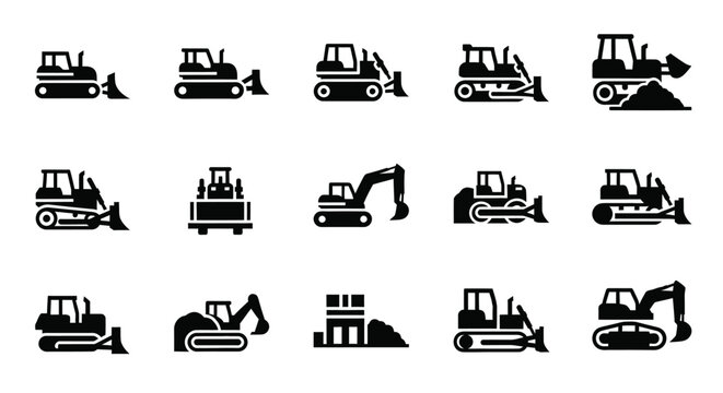 Set of bulldozer and dozer construction machines and heavy equipment icons isolated on white background, vector illustrations of earthmoving vehicles for industry and building