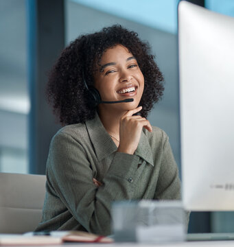 Portrait, telemarketing and woman in call center, laugh and lead generation with computer. Sales agent, headset and person in workplace with technology for telesales, funny joke and confidence