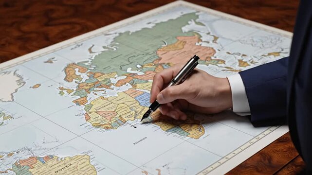 Close up of a businessman in a formal suit carefully pointing with a fine fountain pen at a specific location on a detailed physical world map spread across a wooden desk surface.