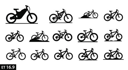 Fototapeta premium Bicycle vector icon collection shows variety of bike types including mountain bikes, road bikes, and electric bikes, suitable for sports, recreation, and outdoor activity designs