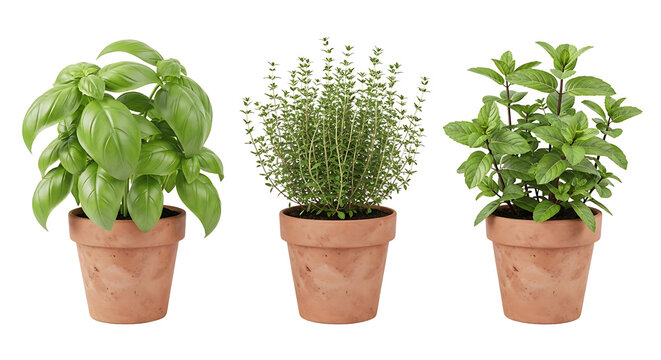 Three potted herb plants, including basil, thyme, and mint, are displayed in terracotta pots against a white background.
