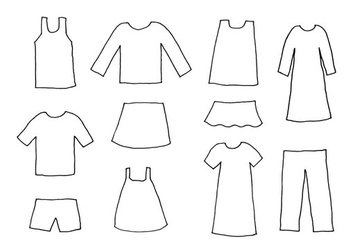 Tシャツやズボンなどの衣類のシンプルな手描きイラストセット（線画）