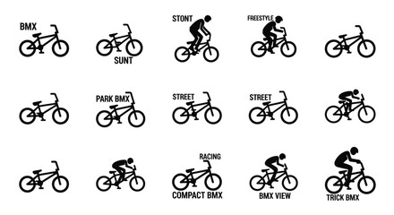 Naklejka premium Bmx freestyle bicycle icons showcasing stunt riders in action poses for street and park performances including racing and compact view silhouettes for sports apparel and digital interface design work