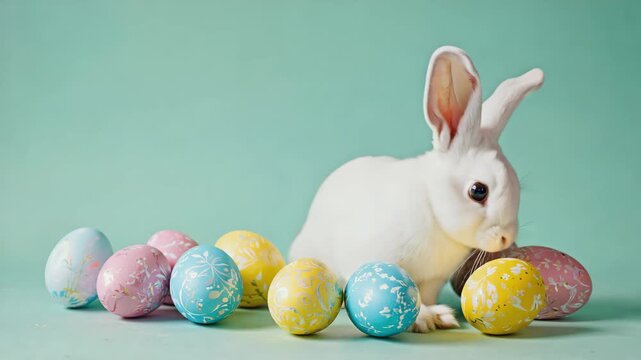 A fluffy white rabbit with blue eyes poses with a collection of colorful painted easter eggs. Triptych composition for a happy spring holiday or seasonal greeting card concept