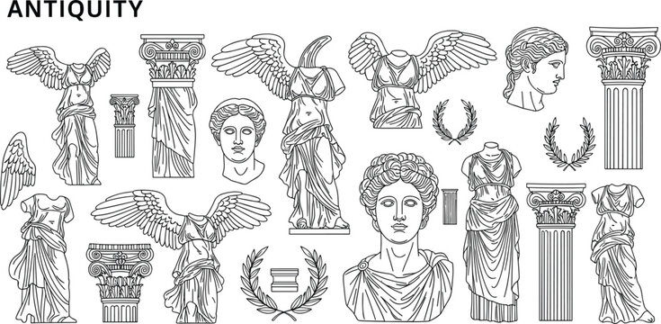 Large collection of ancient Greek and Roman line art icons featuring marble statues classical columns Nike of Samothrace and mythology symbols for history and art design.