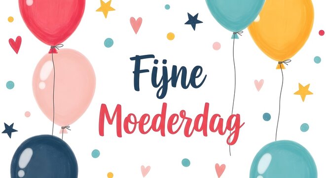A colorful poster with balloons and the words fijne moederdag