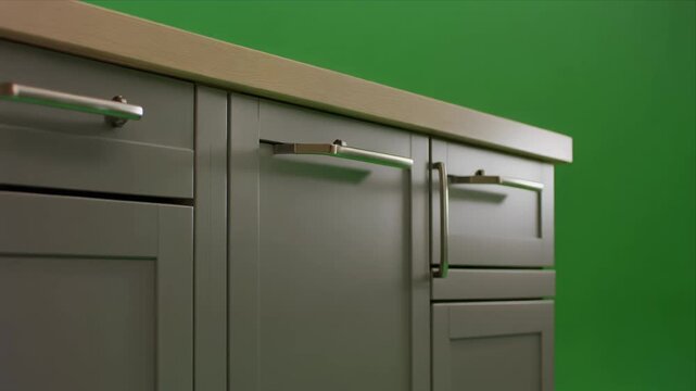 Panning view of gray kitchen cabinets with metal handles and wood countertop against green wall.