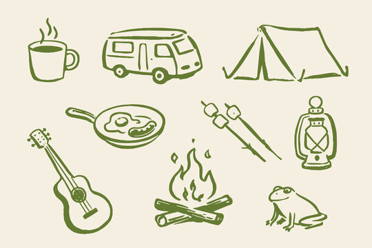 Camping doodle icon set hand drawn vector illustration