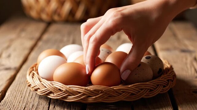 Fresh eggs in a wicker basket.