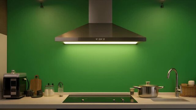Range hood light turns on above induction cooktop in modern green kitchen.