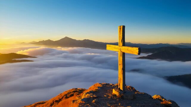 Wooden cross on a mountain summit above the clouds at sunrise. Religious symbol of christianity representing faith hope and salvation with a beautiful alpine landscape