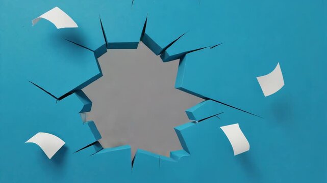 Cute cartoon rabbit breaking through a blue paper wall. Animation sequence of an easter bunny emerging and leaving a hole for a surprise message or holiday greeting
