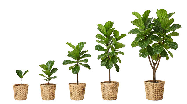 A visual progression of a fiddle-leaf fig plant's growth from a small seedling to a mature tree.