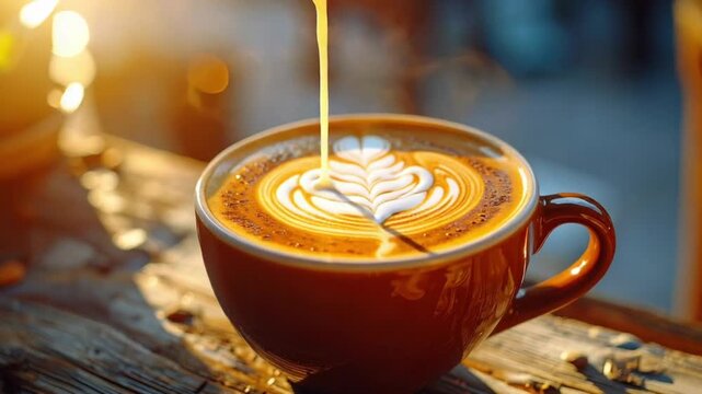 Close-up of a delicious latte with intricate art being poured in warm light