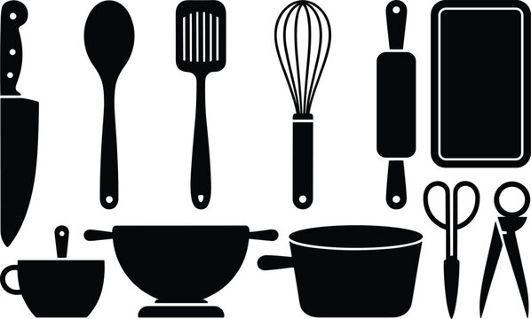 Minimalist black silhouette vector illustration of essential kitchen utensils and cooking tools including knife, spoon, whisk, rolling pin, pot, scissors