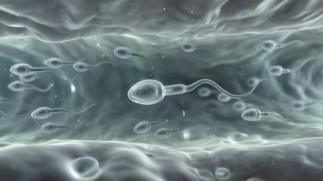 Microscopic view of sperm cells swimming inside the female reproductive tract. Concept of human fertilization, reproductive health, fertility, and medical science.