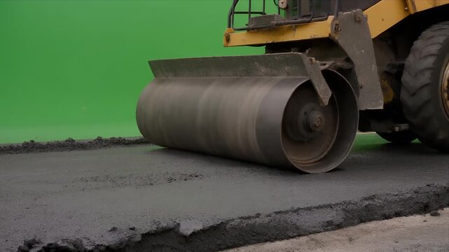 Road roller compacting fresh asphalt with green screen background.