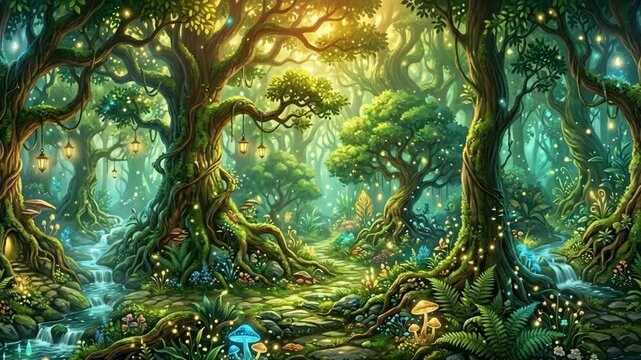 Enchanted magical forest with glowing mushrooms and lanterns hanging from ancient trees near a forest stream