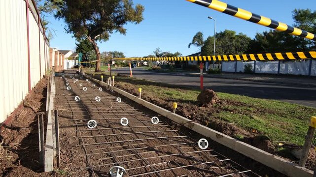Footpath construction in a suburban street in Australia, featuring steel reinforcement mesh prepared for concrete pouring. Safety barriers line the roadside. Civil works, infrastructure improvement