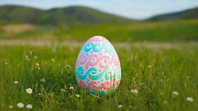 Ornately decorated easter egg with pastel patterns resting in a vibrant green meadow. A sequence of three frames showing a zoom out effect for a festive holiday video