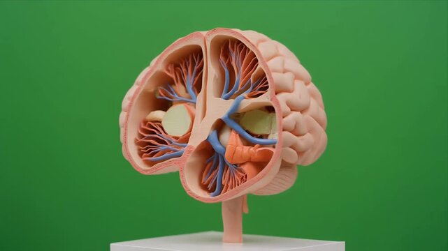 Rotating anatomical brain model cross section on green background.