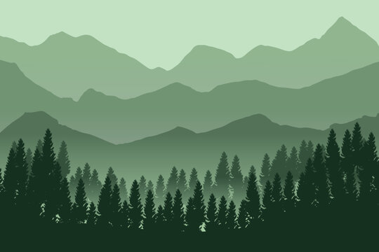 Mountains and ridge panorama silhouette background. Beautiful peak view. Morning pine trees landscape illustration.