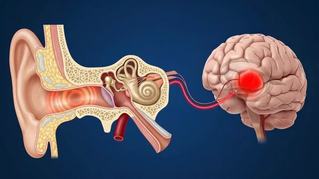 Anatomical medical illustration showing the connection between the human ear and brain for auditory sound processing